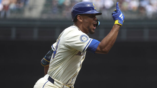 SEATTLE, WA - AUGUST 03: Julio Rodríguez #44 of the Seattle Mariners reacts during the game between the Texas Rangers and the Seattle Mariners at T-Mobile Park on Sunday, August 3, 2025 in Seattle, Washington.