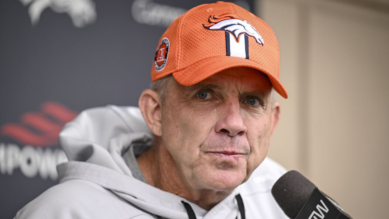 ENGLEWOOD , CO - MAY 29: Head coach Sean Payton of the Denver Broncos speaks during OTAs at Broncos Park in Englewood, Colorado on Thursday, May 29, 2024.