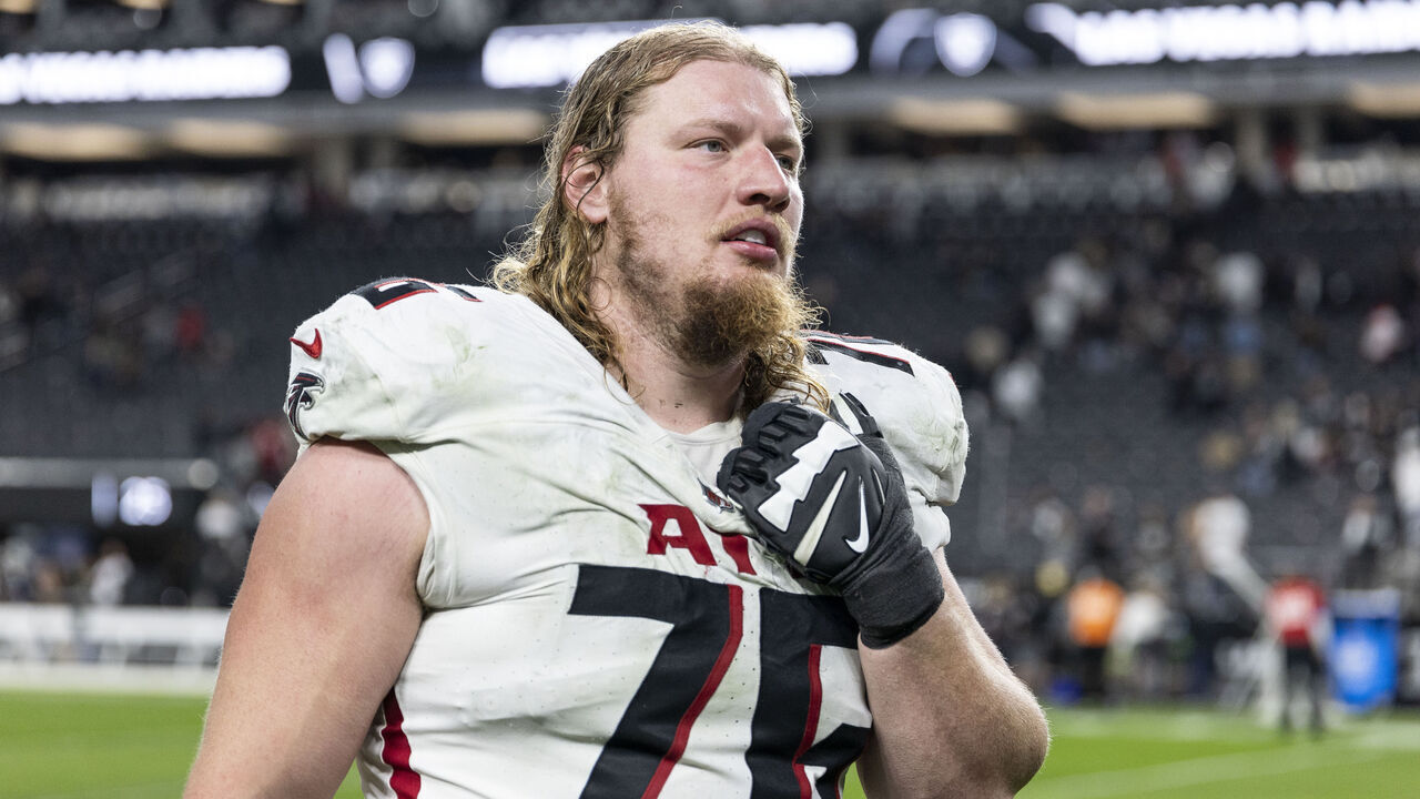 LAS VEGAS, NEVADA - DECEMBER 16: Kaleb McGary #76 of the Atlanta Falcons walks off the field during an NFL Football game against the Las Vegas Raiders at Allegiant Stadium on December 16, 2024 in Las Vegas, Nevada.