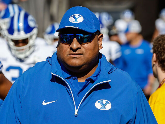 TEMPE, AZ - NOVEMBER 23: Brigham Young Cougars head coach Kalani Sitake looks on before the college football game between the BYU Cougars and the Arizona State Sun Devils on November 23, 2024 at Mountain America Stadium in Tempe, Arizona.