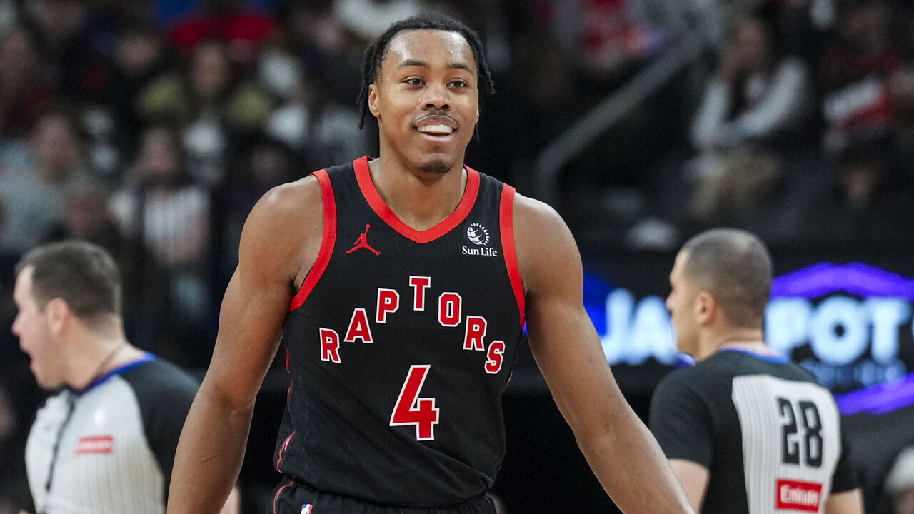 TORONTO, CANADA - FEBRUARY 23: Scottie Barnes #4 of the Toronto Raptors smiles during a NBA game against the Phoenix Suns at Scotiabank Arena on February 23, 2025 in Toronto, Canada.