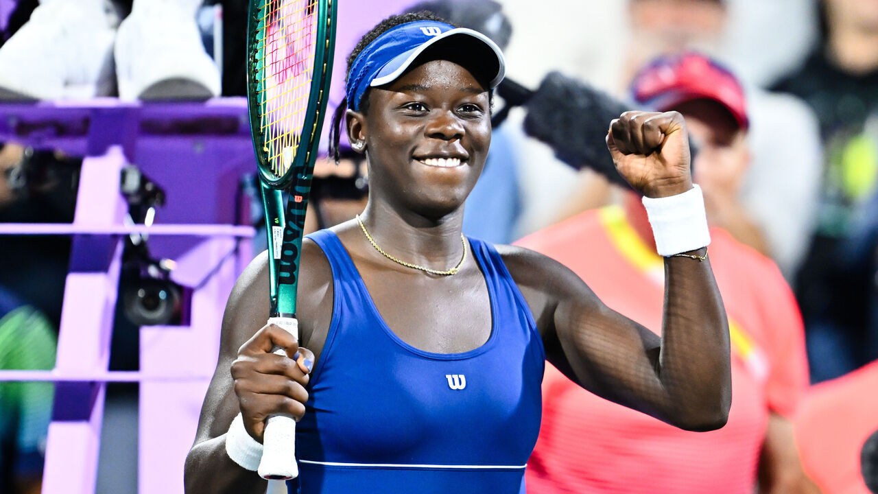 MONTREAL, CANADA - AUGUST 04: Victoria Mboko of Canada celebrates a victory against Jessica Bouzas Maneiro of Spain during their quarterfinals singles women's match on Day Nine of the WTA 1000 National Bank Open at IGA Stadium on August 4, 2025 in Montreal, Quebec, Canada.