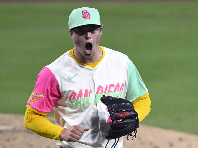 SAN DIEGO, CALIFORNIA - AUGUST 01: Mason Miller #22 of the San Diego Padres reacts after pitching against the St. Louis Cardinals during the eighth inning at Petco Park on August 01, 2025 in San Diego, California.
