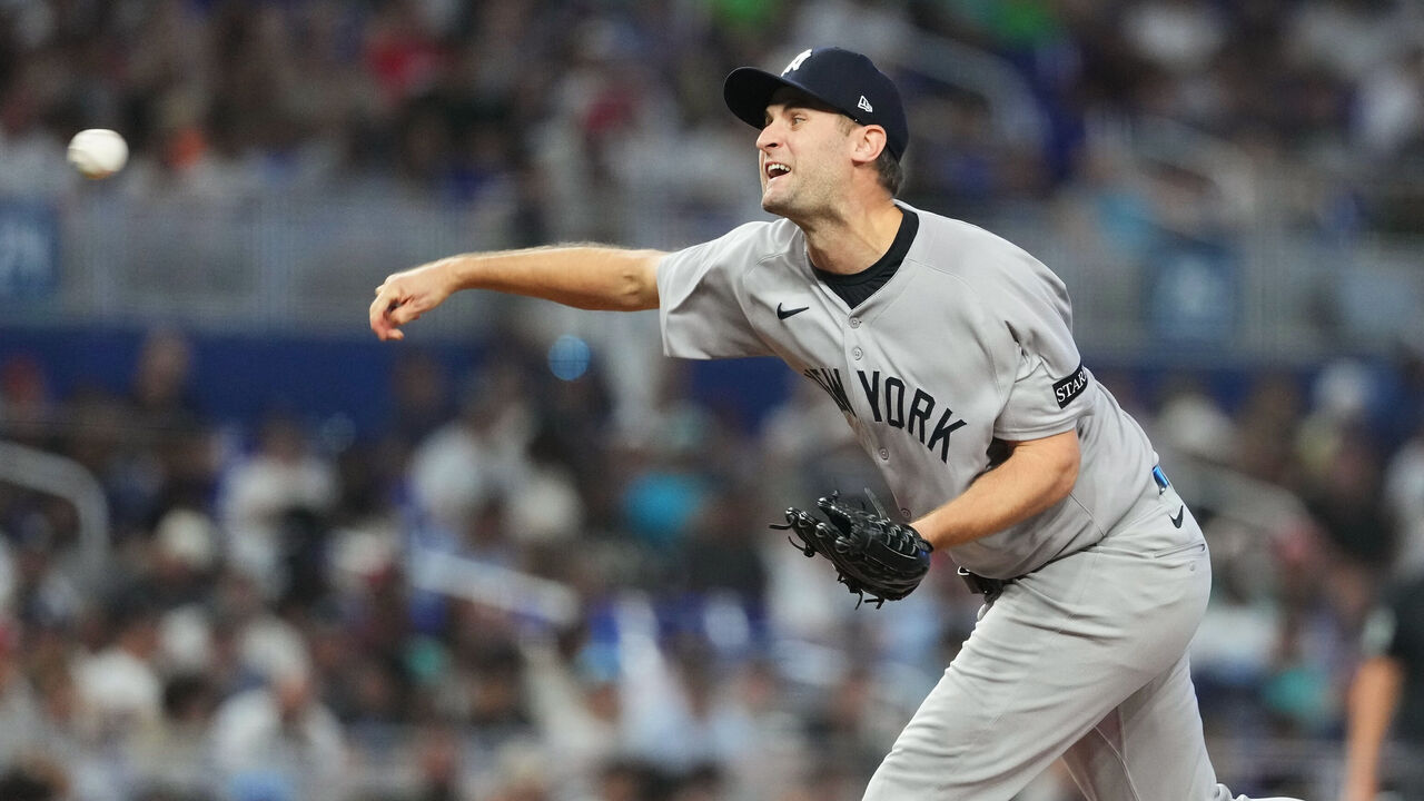 MIAMI, FL - AUGUST 02: Jake Bird #59 of the New York Yankees pitches during the game between the New York Yankees and the Miami Marlins at loanDepot park on Saturday, August 2, 2025 in Miami, Florida.