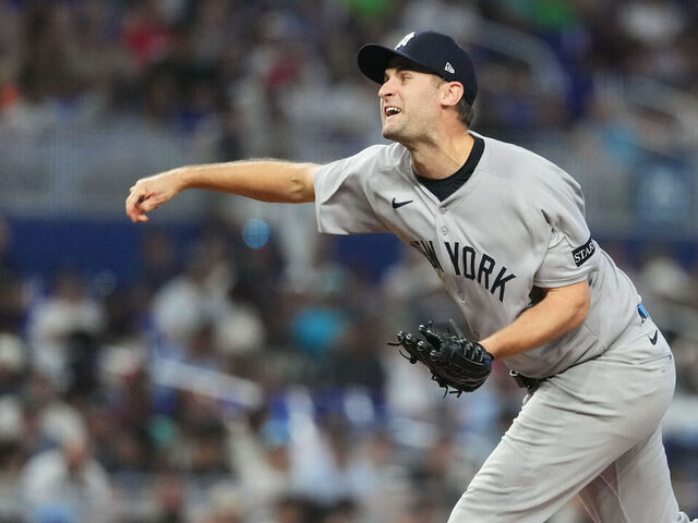 MIAMI, FL - AUGUST 02: Jake Bird #59 of the New York Yankees pitches during the game between the New York Yankees and the Miami Marlins at loanDepot park on Saturday, August 2, 2025 in Miami, Florida.