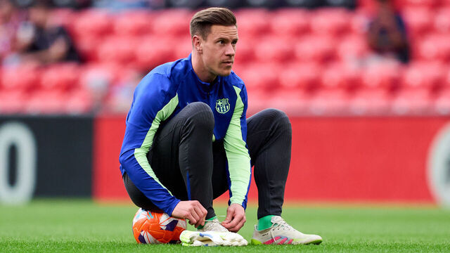BILBAO, SPAIN - MAY 25: Marc Andre Ter Stegen of FC Barcelona looks on prior to the LaLiga match between Athletic Club and FC Barcelona at Estadio de San Mames on May 25, 2025 in Bilbao, Spain.