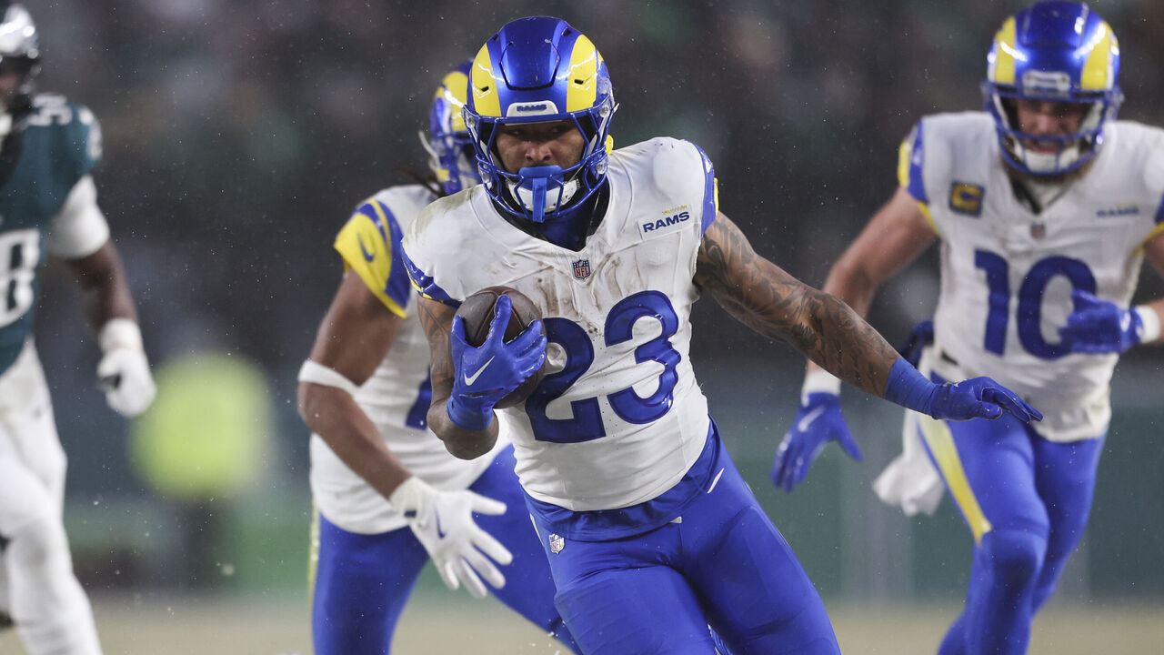 PHILADELPHIA, PENNSYLVANIA - JANUARY 19: Kyren Williams #23 of the Los Angeles Rams runs the ball during the NFC Divisional playoff game against the Philadelphia Eagles at Lincoln Financial Field on January 19, 2025 in Philadelphia, Pennsylvania. The Eagles defeated the Rams 28-22. (Kara Durrette/Getty Images)
