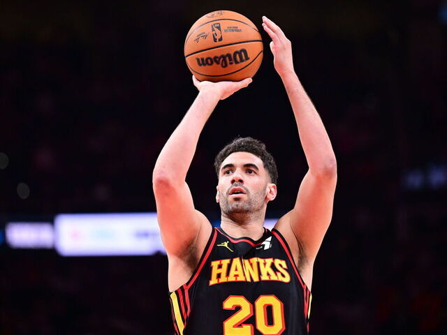 ATLANTA, GA - APRIL 18: Georges Niang #20 of the Atlanta Hawks shoots a free throw during the game against the Miami Heat during the 2025 SoFi Play-In Tournament on April 18, 2025 at State Farm Arena in Atlanta, Georgia. NOTE TO USER: User expressly acknowledges and agrees that, by downloading and/or using this Photograph, user is consenting to the terms and conditions of the Getty Images License Agreement. Mandatory Copyright Notice: Copyright 2025 NBAE