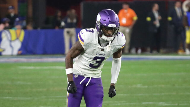 GLENDALE, ARIZONA - JANUARY 13: Wide receiver Jordan Addison #3 of the Minnesota Vikings runs a route during second half of the Minnesota Vikings versus Los Angeles Rams NFL Wild Card football game at State Farm Stadium on January 13, 2025 in Glendale, Arizona.