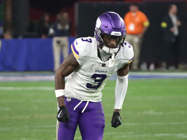 GLENDALE, ARIZONA - JANUARY 13: Wide receiver Jordan Addison #3 of the Minnesota Vikings runs a route during second half of the Minnesota Vikings versus Los Angeles Rams NFL Wild Card football game at State Farm Stadium on January 13, 2025 in Glendale, Arizona.