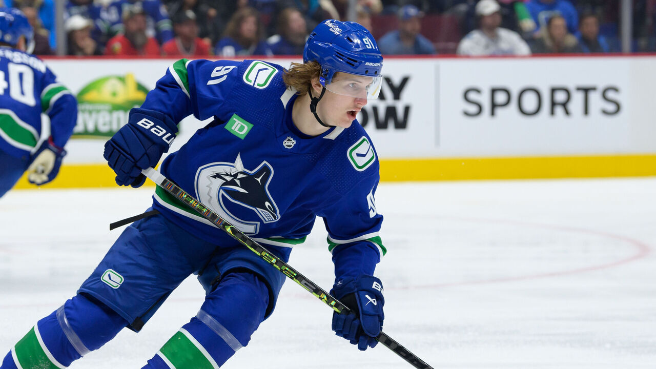 VANCOUVER, CANADA - APRIL 6: Vitali Kravtsov #91 of the Vancouver Canucks skates up ice during the second period of their NHL game against the Chicago Blackhawks at Rogers Arena on April 6, 2023 in Vancouver, British Columbia, Canada.