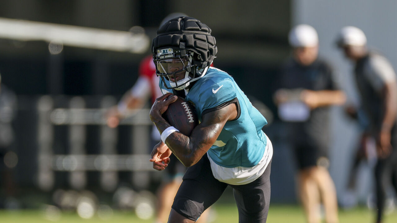 JACKSONVILLE, FLORIDA - AUGUST 5: Travis Hunter #12 of the Jacksonville Jaguars practices during Training Camp at Miller Electric Center on August 5, 2025 in Jacksonville, Florida.