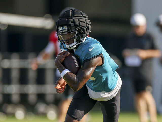 JACKSONVILLE, FLORIDA - AUGUST 5: Travis Hunter #12 of the Jacksonville Jaguars practices during Training Camp at Miller Electric Center on August 5, 2025 in Jacksonville, Florida.