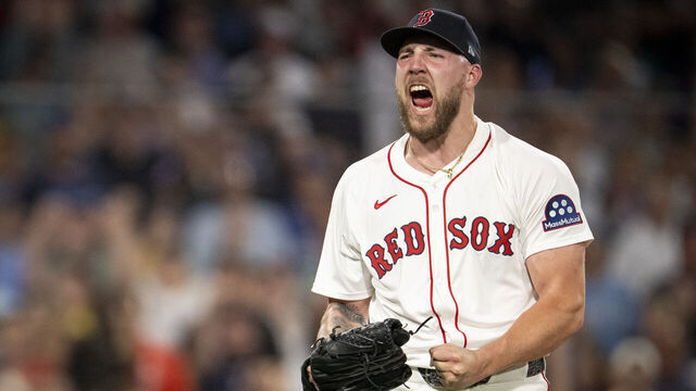 BOSTON, MASSACHUSETTS - AUGUST 5: Garrett Crochet #35 of the Boston Red Sox reacts after a strikeout during the seventh inning of a game against the Kansas City Royals on August 5, 2025 at Fenway Park in Boston, Massachusetts.