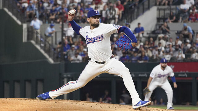 ARLINGTON, TX - AUGUST 05: Nathan Eovaldi #17 of the Texas Rangers pitches during the game between the New York Yankees and the Texas Rangers at Globe Life Field on Tuesday, August 5, 2025 in Arlington, Texas.