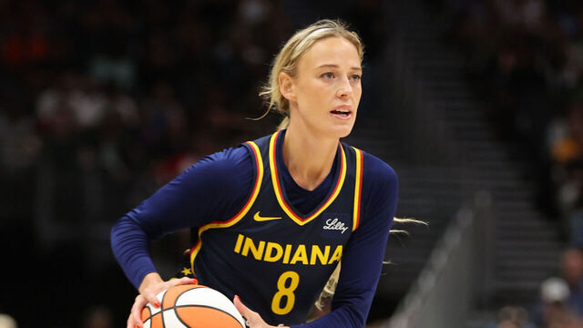 SEATTLE, WA - AUGUST 3 : Sophie Cunningham #8 of the Indiana Fever handles the ball during the game against the Seattle Storm on August 3, 2025 at Climate Pledge Arena in Seattle, Washington. Mandatory Copyright Notice: Copyright 2025 NBAE