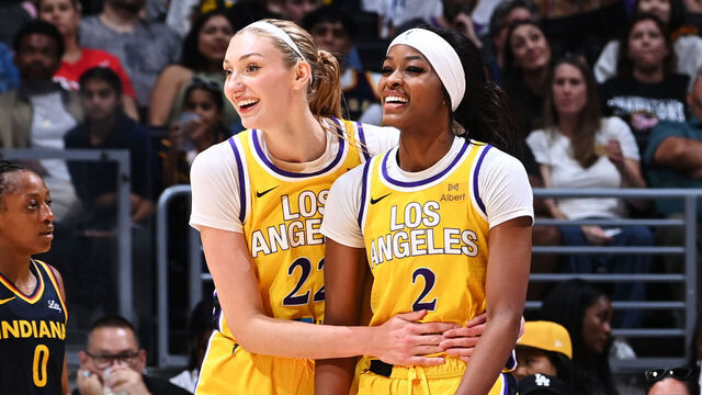 LOS ANGELES, CA - AUGUST 5: Cameron Brink #22 and Rickea Jackson #2 of the Los Angeles Sparks celebrate during the game against the Indiana Fever during a WNBA game on August 5, 2025 at Crypto.com Arena in Los Angeles, California. NOTE TO USER: User expressly acknowledges and agrees that, by downloading and/or using this Photograph, user is consenting to the terms and conditions of the Getty Images License Agreement. Mandatory Copyright Notice: Copyright 2025 NBAE