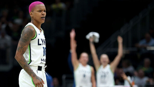 SEATTLE, WASHINGTON - AUGUST 05: Courtney Williams #10 of the Minnesota Lynx reacts during the second half against the Seattle Storm at Climate Pledge Arena on August 05, 2025 in Seattle, Washington.