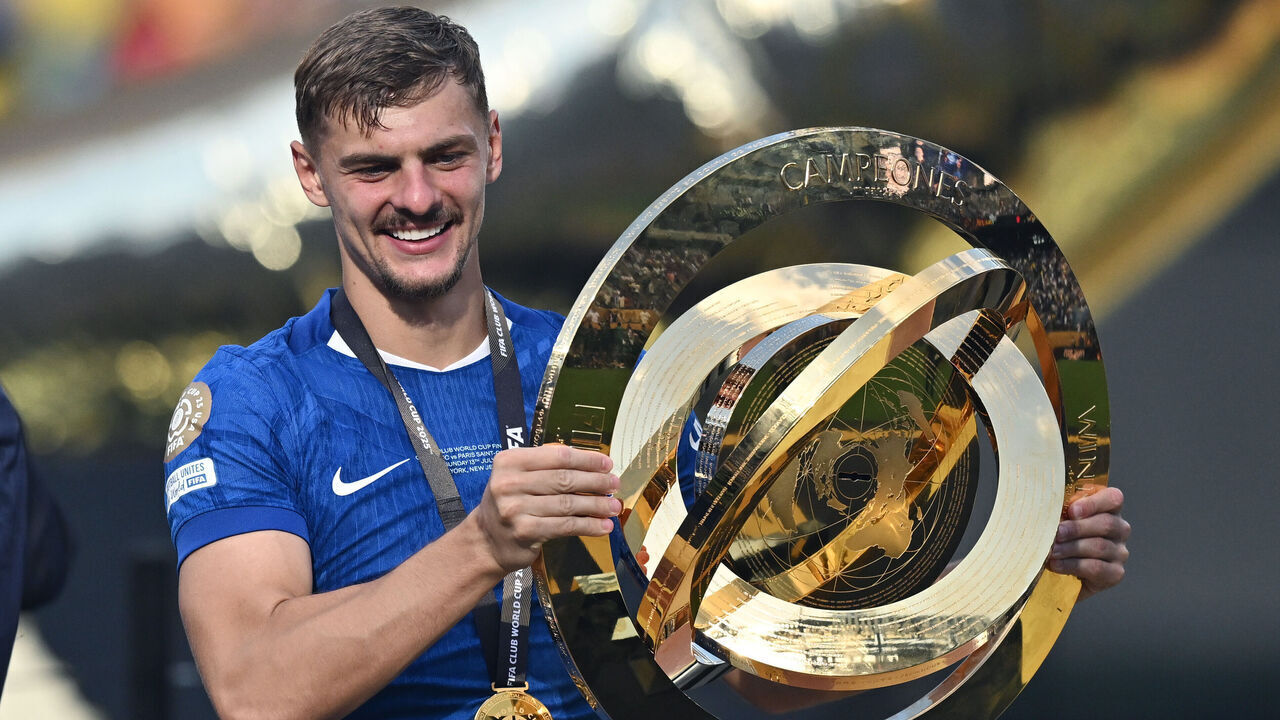EAST RUTHERFORD, NEW JERSEY - JULY 13: Kiernan Dewsbury-Hall of Chelsea celebrates during award cerimony of the FIFA Club World Cup 2025 final match between Chelsea FC and Paris Saint-Germain at MetLife Stadium on July 13, 2025 in East Rutherford, New Jersey.