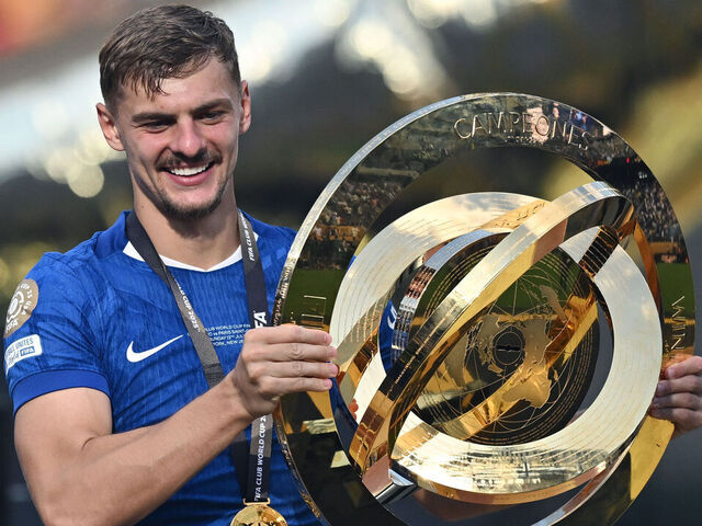 EAST RUTHERFORD, NEW JERSEY - JULY 13: Kiernan Dewsbury-Hall of Chelsea celebrates during award cerimony of the FIFA Club World Cup 2025 final match between Chelsea FC and Paris Saint-Germain at MetLife Stadium on July 13, 2025 in East Rutherford, New Jersey.