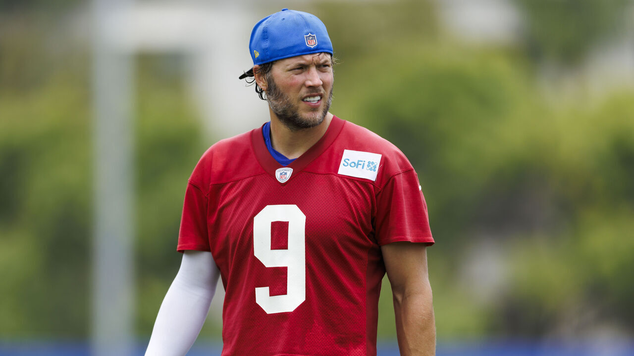 WOODLAND HILLS, CALIFORNIA - JUNE 3: Matthew Stafford #9 of the Los Angeles Rams walks off the field during an OTA offseason workout on June 3, 2025 in Woodland Hills, California.
