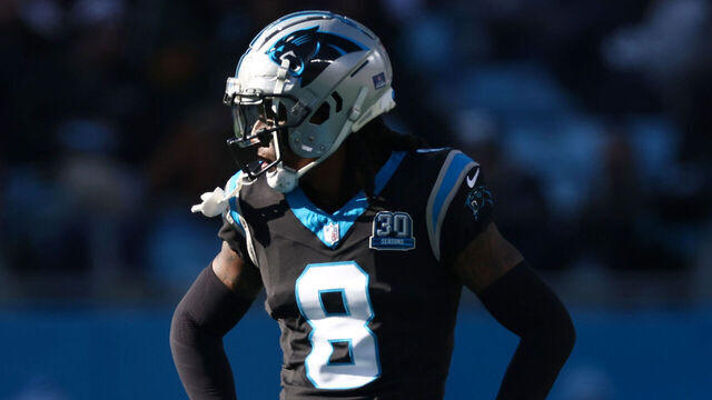 CHARLOTTE, NORTH CAROLINA - DECEMBER 22: Jaycee Horn #8 of the Carolina Panthers looks on during the first half of the game against the Arizona Cardinals at Bank of America Stadium on December 22, 2024 in Charlotte, North Carolina.