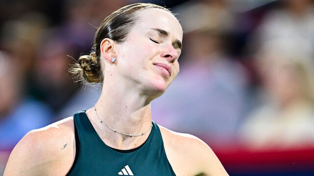 MONTREAL, CANADA - AUGUST 05: Elina Svitolina of Ukraine reacts after giving up a point against Naomi Osaka of Japan during their quarterfinals singles women's match on Day Ten of the WTA 1000 National Bank Open at IGA Stadium on August 5, 2025 in Montreal, Quebec, Canada.