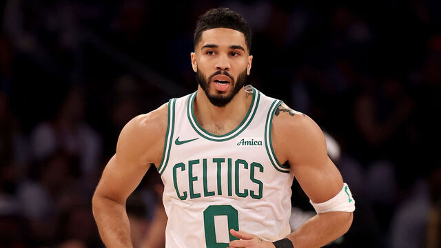 NEW YORK, NEW YORK - MAY 12: Jayson Tatum #0 of the Boston Celtics reacts after a shot in the first quarter against the New York Knicks in Game Four of the Eastern Conference Second Round NBA Playoffs at Madison Square Garden on May 12, 2025 in New York City.