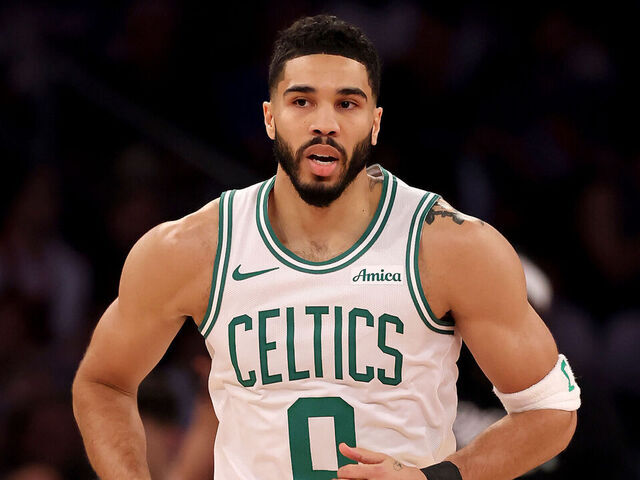 NEW YORK, NEW YORK - MAY 12: Jayson Tatum #0 of the Boston Celtics reacts after a shot in the first quarter against the New York Knicks in Game Four of the Eastern Conference Second Round NBA Playoffs at Madison Square Garden on May 12, 2025 in New York City.