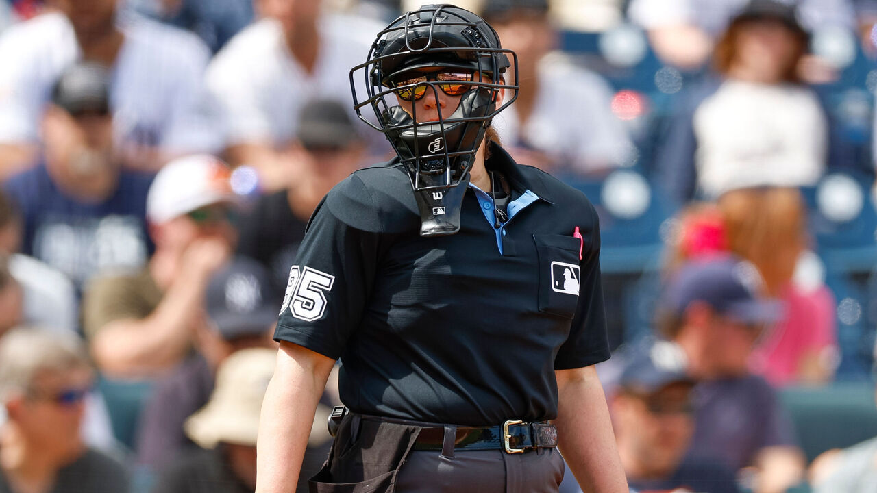 TAMPA, FLORIDA - MARCH 1: Umpire Jen Pawol #95 looks on during the second inning of a spring training game between New York Yankees and the Houston Astros at George M. Steinbrenner Field on March 1, 2025 in Tampa, Florida.