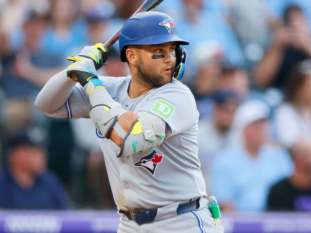 DENVER, CO - AUGUST 4: Bo Bichette #11 of the Toronto Blue Jays bats in the second inning against the Colorado Rockies at Coors Field on August 4, 2025 in Denver, Colorado.