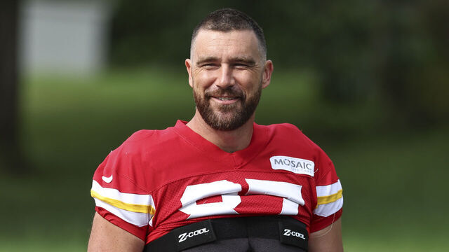 ST. JOSEPH, MO - JULY 30: Kansas City Chiefs tight end Travis Kelce (87) smiles before training camp on July 30, 2025 at Missouri Western State University in St. Joseph, MO.