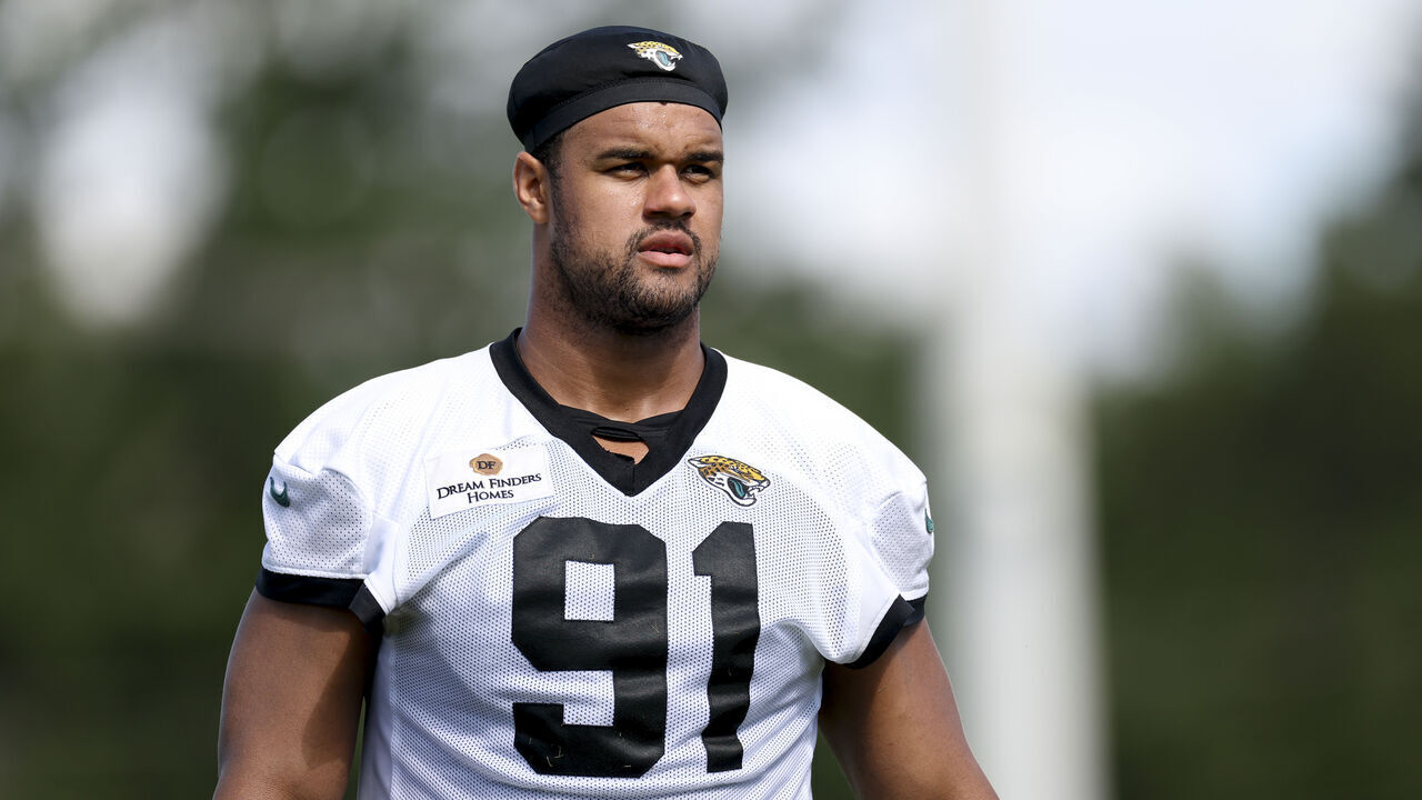 JACKSONVILLE, FLORIDA - JULY 24: Arik Armstead #91 of the Jacksonville Jaguars looks on during Training Camp at Miller Electric Center on July 24, 2025 in Jacksonville, Florida.
