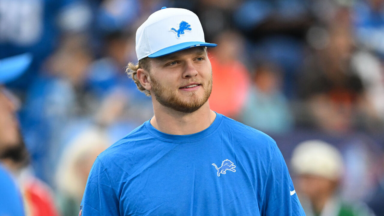 CANTON, OHIO - JULY 31: Aidan Hutchinson #97 of the Detroit Lions looks on prior to the 2025 Pro Football Hall of Fame Game against the Los Angeles Chargers at Tom Benson Hall of Fame Stadium on July 31, 2025 in Canton, Ohio.