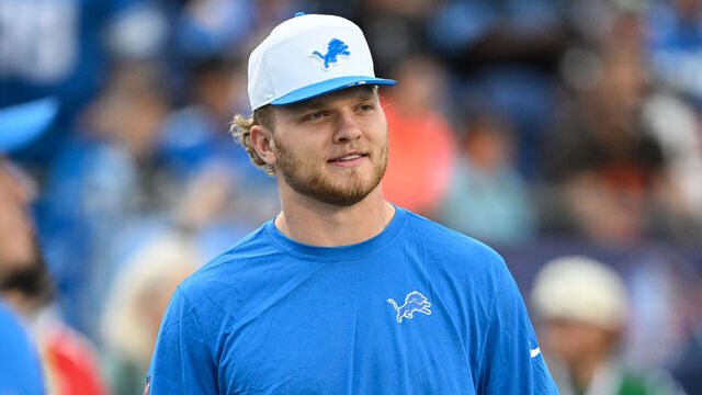 CANTON, OHIO - JULY 31: Aidan Hutchinson #97 of the Detroit Lions looks on prior to the 2025 Pro Football Hall of Fame Game against the Los Angeles Chargers at Tom Benson Hall of Fame Stadium on July 31, 2025 in Canton, Ohio.