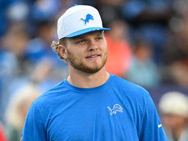 CANTON, OHIO - JULY 31: Aidan Hutchinson #97 of the Detroit Lions looks on prior to the 2025 Pro Football Hall of Fame Game against the Los Angeles Chargers at Tom Benson Hall of Fame Stadium on July 31, 2025 in Canton, Ohio.