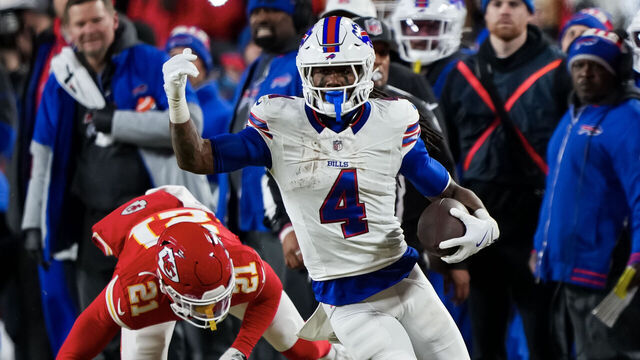 KANSAS CITY, MISSOURI - JANUARY 26: Running back James Cook #4 of the Buffalo Bills carries the ball during the first half of the AFC Championship game against the Kansas City Chiefs, at GEHA Field at Arrowhead Stadium on January 26, 2025 in Kansas City, Missouri.
