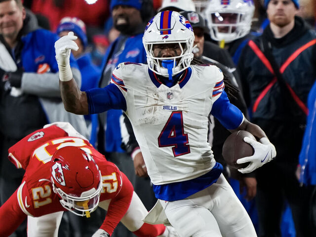 KANSAS CITY, MISSOURI - JANUARY 26: Running back James Cook #4 of the Buffalo Bills carries the ball during the first half of the AFC Championship game against the Kansas City Chiefs, at GEHA Field at Arrowhead Stadium on January 26, 2025 in Kansas City, Missouri.