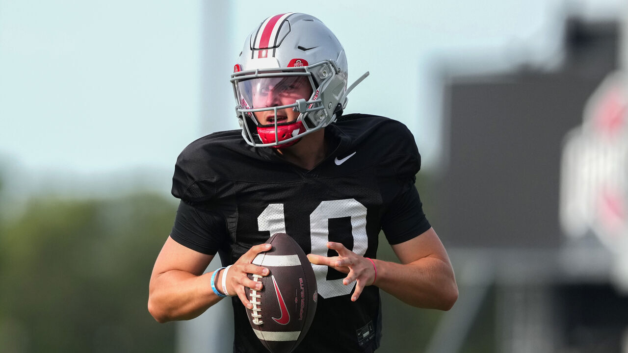 COLUMBUS, OHIO - AUGUST 02: Julian Sayin #10 of the Ohio State Buckeyes practices a drill during fall camp at Woody Hayes Athletic Center on August 02, 2025 in Columbus, Ohio.