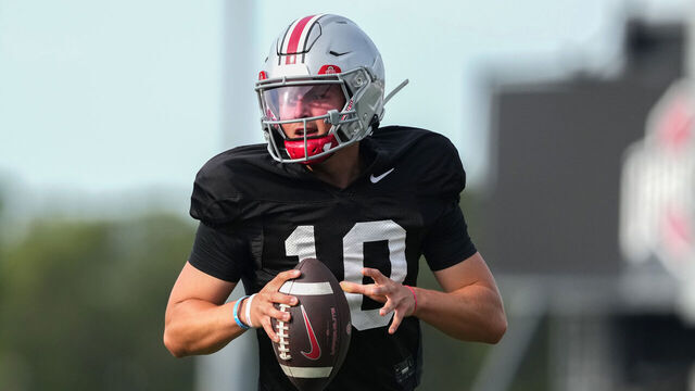 COLUMBUS, OHIO - AUGUST 02: Julian Sayin #10 of the Ohio State Buckeyes practices a drill during fall camp at Woody Hayes Athletic Center on August 02, 2025 in Columbus, Ohio.
