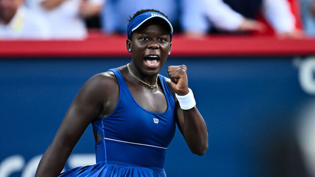 MONTREAL, CANADA - AUGUST 06: Victoria Mboko of Canada celebrates as she wins the second set against Elena Rybakina of Kazakhstan during their semifinal singles women's match on Day Eleven of the WTA 1000 National Bank Open at IGA Stadium on August 6, 2025 in Montreal, Quebec, Canada.