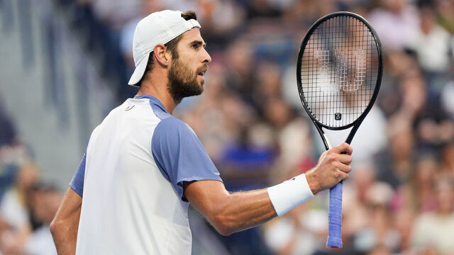 TORONTO, CANADA - AUGUST 6 : Karen Khachanov celebrates a point against Alexander Zverev of Germany during the men's singles semifinals on day twelve of the 2025 National Bank Open at Sobeys Stadium in Toronto, Ontario, Canada on August 6, 2025.