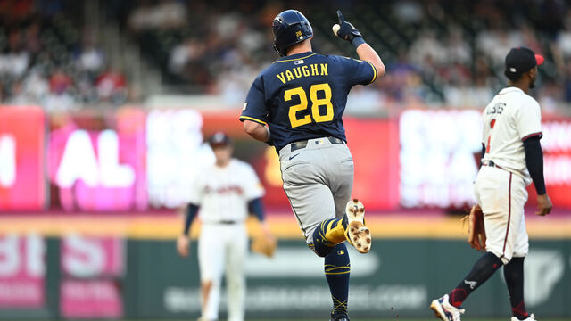 ATLANTA, GA - AUGUST 06: Andrew Vaughn #28 of the Milwaukee Brewers rounds the bases after hitting a solo home run in the fourth inning during the game between the Milwaukee Brewers and the Atlanta Braves at Truist Park on Wednesday, August 6, 2025 in Atlanta, Georgia.