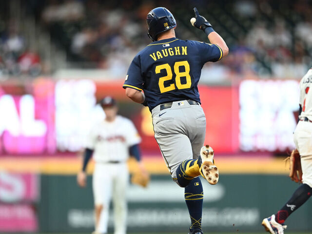 ATLANTA, GA - AUGUST 06: Andrew Vaughn #28 of the Milwaukee Brewers rounds the bases after hitting a solo home run in the fourth inning during the game between the Milwaukee Brewers and the Atlanta Braves at Truist Park on Wednesday, August 6, 2025 in Atlanta, Georgia.