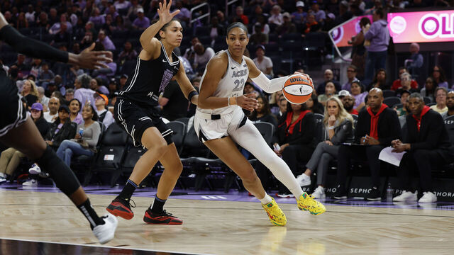 SAN FRANCISCO, CA - AUGUST 6: A'ja Wilson #22 of the Las Vegas Aces handles the ball during the game against the Golden State Valkyries on August 6, 2025 at Chase Center in San Francisco, California. NOTE TO USER: User expressly acknowledges and agrees that, by downloading and or using this photograph, user is consenting to the terms and conditions of Getty Images License Agreement. Mandatory Copyright Notice: Copyright 2025 NBAE