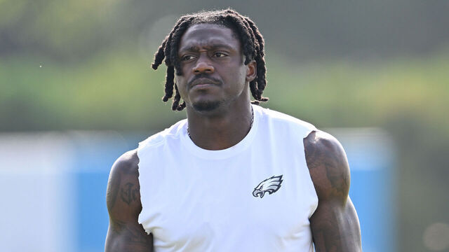 PHILADELPHIA, PA - JULY 31: Philadelphia Eagles wide receiver A.J. Brown (11) looks on during preseason training camp on July 31st, 2025 at the NovaCare Complex in Philadelphia, PA.