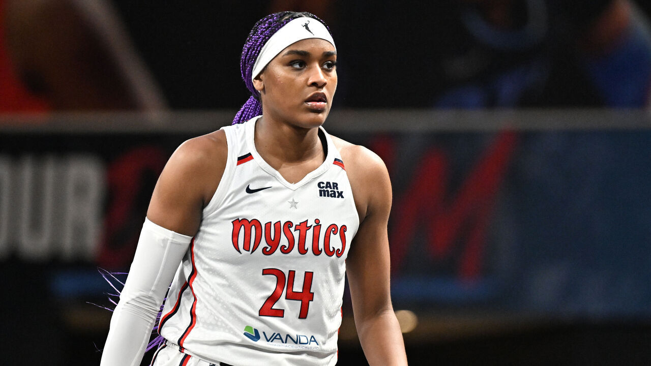 COLLEGE PARK, GEORGIA - AUGUST 03: Aaliyah Edwards #24 of the Washington Mystics look on against Atlanta Dream during fourth quarter at Gateway Center Arena on August 3, 2025 in College Park, Georgia.