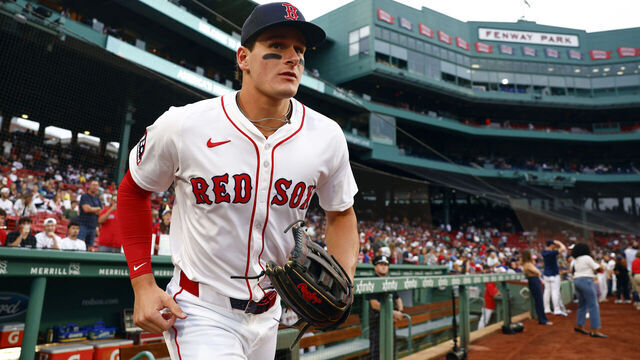 Boston, MA - August 6: Boston Red Sox right fielder Roman Anthony runs onto the field for warmups before facing the Kansas City Royals at Fenway Park on August 6, 2025.