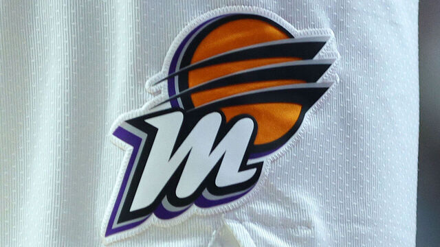 UNCASVILLE, CT - JUNE 18: General view of the Phoenix Mercury logo on a pair of game shorts during the WNBA game against Connecticut Sun on June 18, 2025, at Mohegan Sun Arena in Uncasville CT.