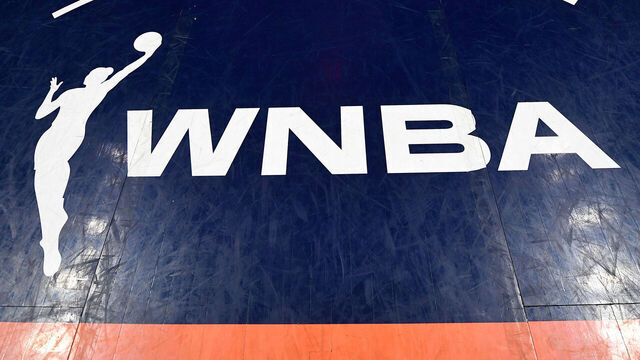 UNCASVILLE, CT - JULY 06: A general view of a WNBA logo on the court before a WNBA game between the Las Vegas Aces and the Connecticut Sun on July 6, 2025, at Mohegan Sun Arena in Uncasville, CT.